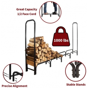 Firewood Log Rack 8ft Storage Rack Log Holder Storage Stand Woodpile Rack Outdoor Indoor Steel Black